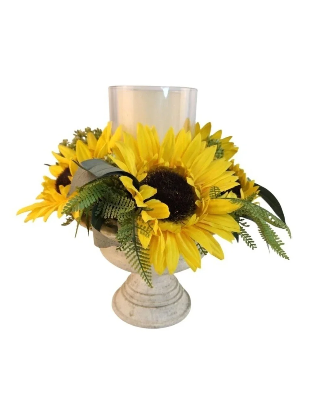 Sunflower Candle Holder Arrangement w/ Glass Hurricane on Distressed Pedestal